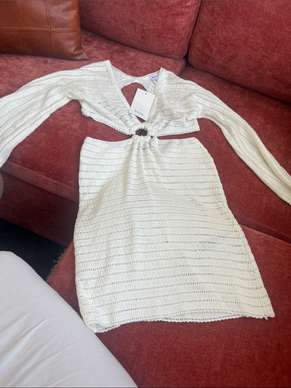 Bershka White Crochet Cutout Mini Dress with Long Sleeves